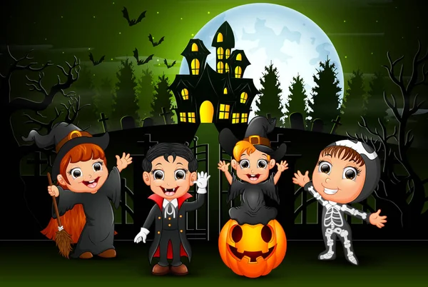 Feliz Halloween Niños Aire Libre Con Fondo Casa Embrujada — Vector de stock