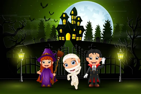 Felice Halloween Bambini Con Uno Sfondo Luna Piena Luce Verde — Vettoriale Stock