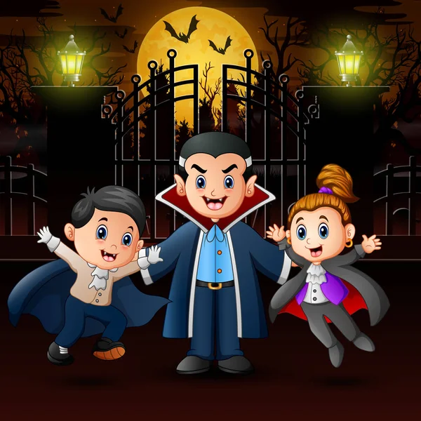 Familia Vampiros Día Halloween Aire Libre Por Noche — Vector de stock