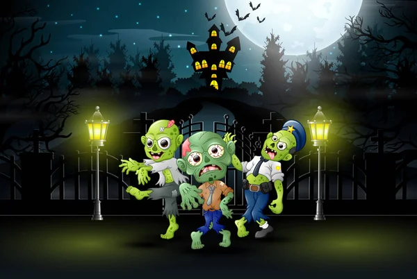 Glückliche Zombie Feiern Halloween Party Freien Der Nacht — Stockvektor