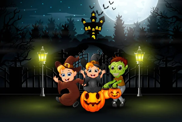 Boldog Gyerekek Visel Halloween Jelmez Szabadban Éjjel — Stock Vector