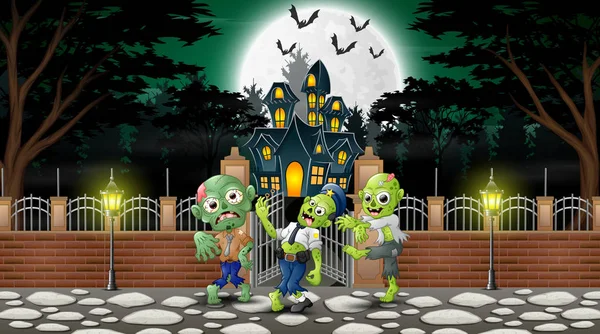 Dibujos Animados Del Grupo Zombies Día Halloween Con Fondo Casa — Vector de stock