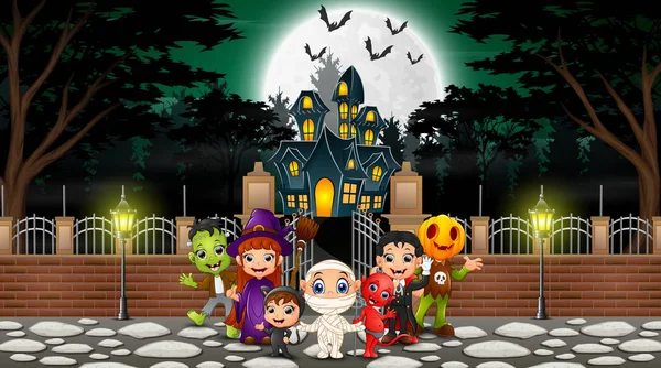 Feliz Grupo Halloween Comemorar Frente Casa Assombrada —  Vetores de Stock