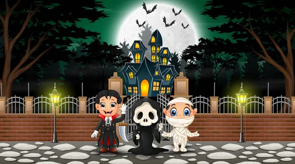 Niños Felices Con Disfraz Halloween Aire Libre Con Fondo Casa — Vector de stock