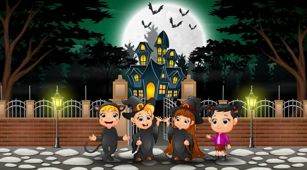 Niños Felices Con Disfraz Halloween Aire Libre Con Fondo Casa — Vector de stock