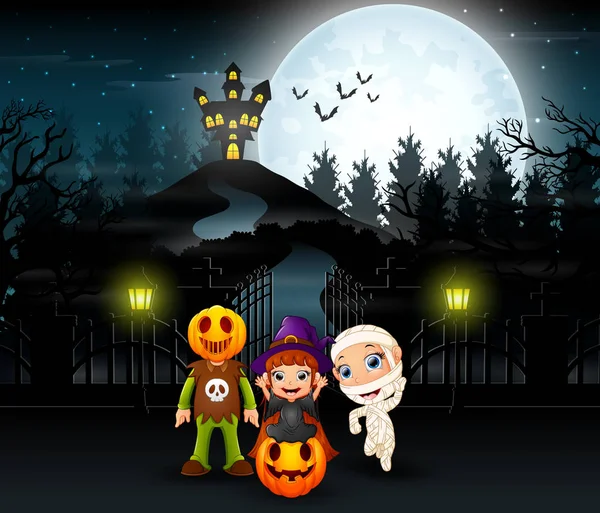 Cartone Animato Bambini Che Indossano Costume Halloween Con Uno Sfondo — Vettoriale Stock
