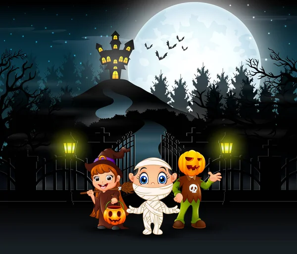 Dibujos Animados Niños Con Disfraz Halloween Con Fondo Luna Llena — Archivo Imágenes Vectoriales
