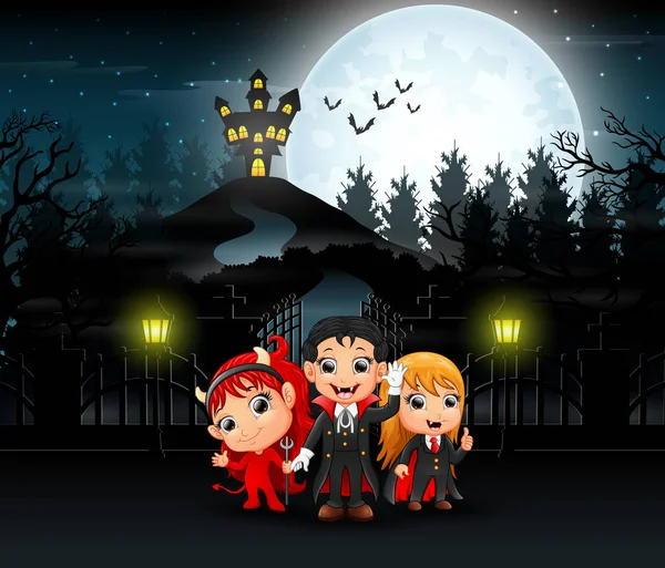 Dibujos Animados Niños Con Disfraz Halloween Con Fondo Luna Llena — Vector de stock
