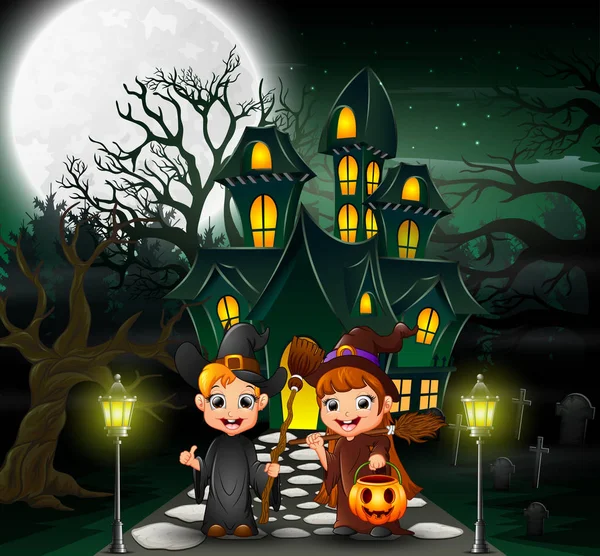 Couple Witch Front Hounted House Full Moon Background — Stock Vector