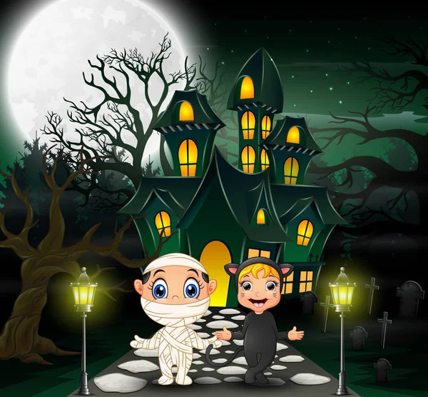 Felice Halloween Fronte Alla Casa Infestata Con Sfondo Luna Piena — Vettoriale Stock