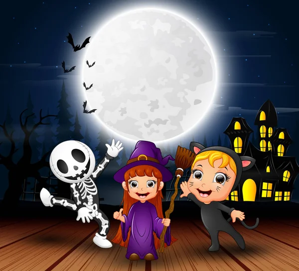 Feliz Halloween Niños Con Casa Miedo Luna Llena Noche — Archivo Imágenes Vectoriales