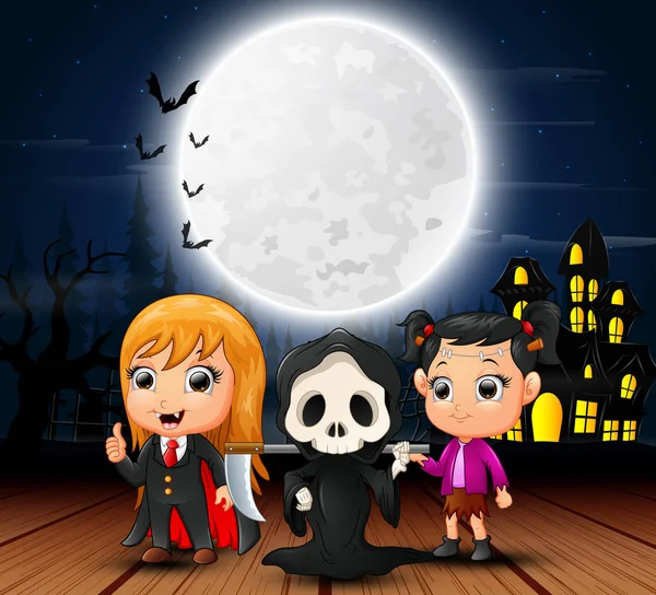 Felice Halloween Bambini Con Casa Spaventosa Luna Piena Nella Notte — Vettoriale Stock