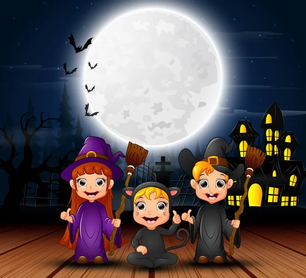 Feliz Halloween Niños Con Casa Miedo Luna Llena Noche — Archivo Imágenes Vectoriales