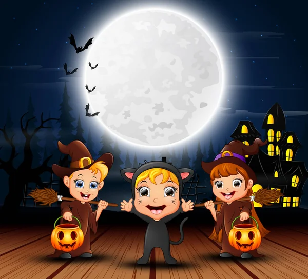 Feliz Halloween Niños Con Casa Miedo Luna Llena Noche — Archivo Imágenes Vectoriales