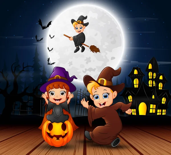 Halloween Sfondo Con Strega Volante Sullo Sfondo Luna Piena — Vettoriale Stock