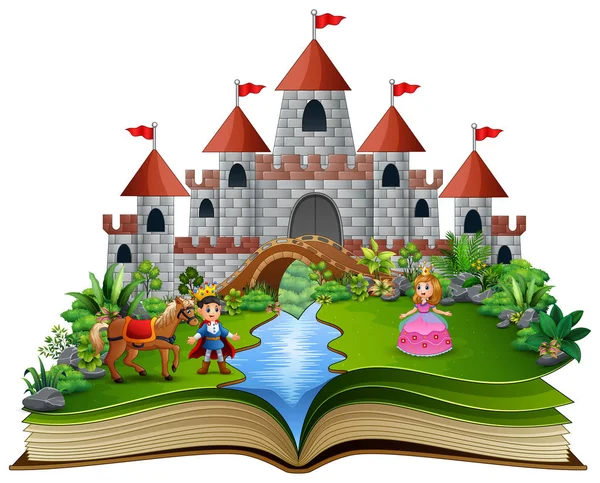 Livro Histórias Com Princesas Príncipes Desenhos Animados Frente Castelo —  Vetores de Stock