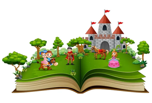 Livro Histórias Com Princesas Príncipes Desenhos Animados Frente Castelo —  Vetores de Stock