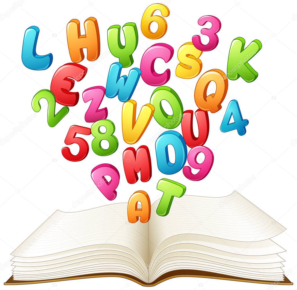 Open book with a colorful letter and number