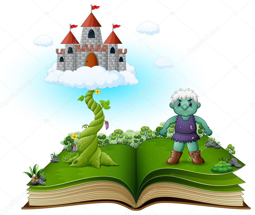 Story book with magic beanstalk, castle in the clouds and the green giant