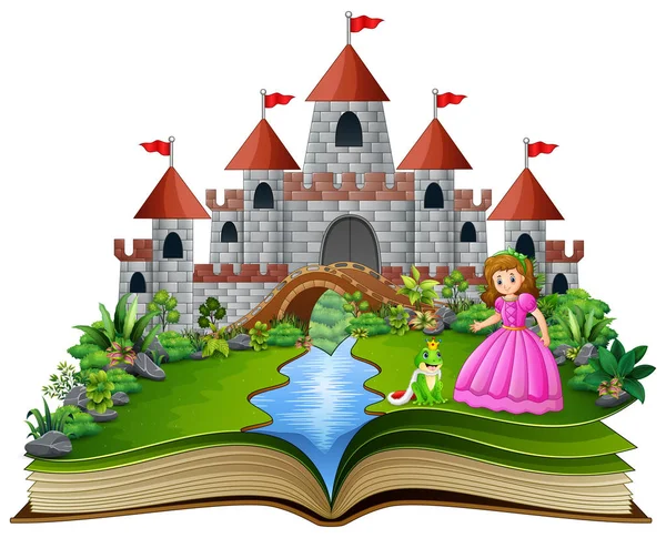 Libro Cuentos Princesa Príncipe Rana Dibujos Animados — Vector de stock