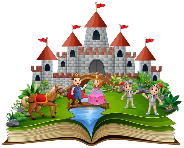 Story Book Cartoon Princesses Princes Front Castle — Stock Vector