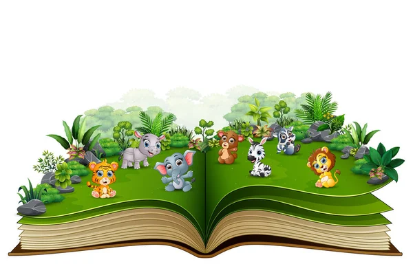 Libro Abierto Con Dibujos Animados Animales Bebés Parque — Archivo Imágenes Vectoriales