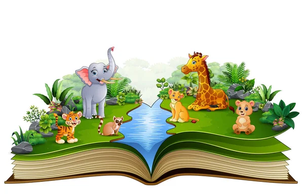 Livro Aberto Com Desenhos Animados Fazenda Animais Jogando Rio —  Vetores de Stock