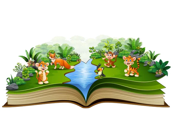 Open Book Animal Cartoon Playing River — Stock Vector