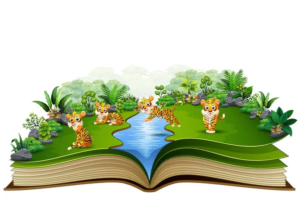 Libro Abierto Con Grupo Dibujos Animados Tigre — Vector de stock