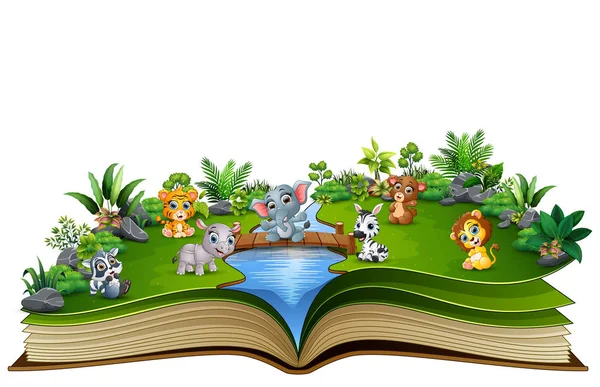 Libro Abierto Con Dibujos Animados Animales Bebé Jugando Río — Vector de stock