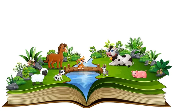 Offenes Buch Mit Tierfarm Park — Stockvektor