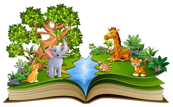 Aufgeschlagenes Buch Mit Dem Animal Cartoon Der Fluss Spielt — Stockvektor