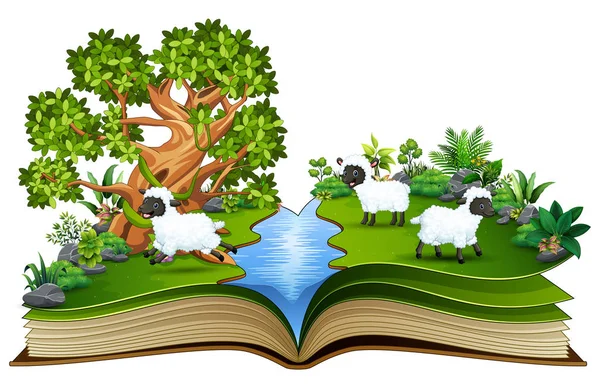 Buka Buku Dengan Sekelompok Kartun Domba Bermain Sungai - Stok Vektor