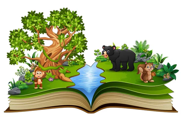 Ανοίξτε Βιβλίο Ζώο Καρτούν Που Παίζει Στο Ποτάμι — Διανυσματικό Αρχείο