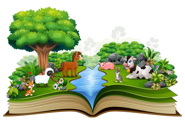 Livro Aberto Com Fazenda Animais Brincando Parque —  Vetores de Stock