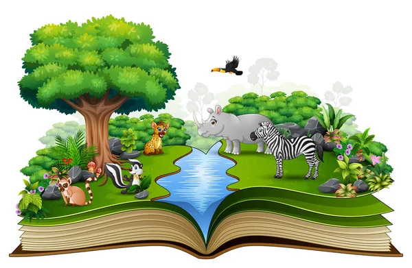 Libro Abierto Con Caricatura Animal Jugando Río — Vector de stock