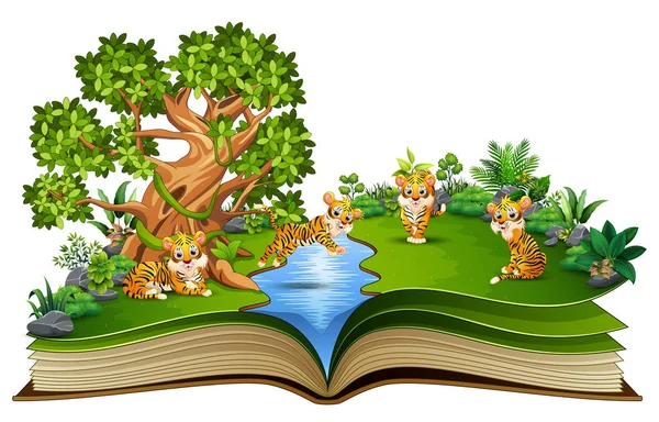 Libro Abierto Con Grupo Dibujos Animados Tigre Jugando Río — Vector de stock