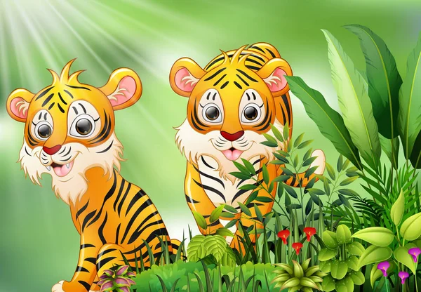 Escena Naturaleza Con Dos Dibujos Animados Tigre — Vector de stock