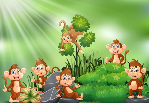 Φύση Σκηνή Την Ομάδα Των Κινουμένων Σχεδίων Μαϊμού — Διανυσματικό Αρχείο