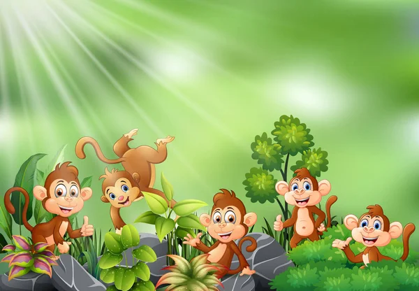 Naturen Scen Med Grupp Monkey Tecknad — Stock vektor