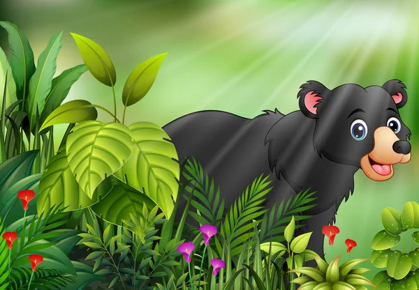 Escena Naturaleza Con Dibujos Animados Oso Negro — Vector de stock