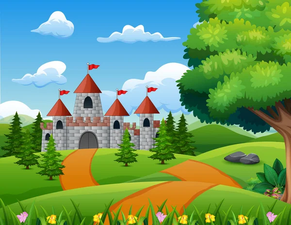 Cartoon Illustration Castle Hill Landscape - Stok Vektor