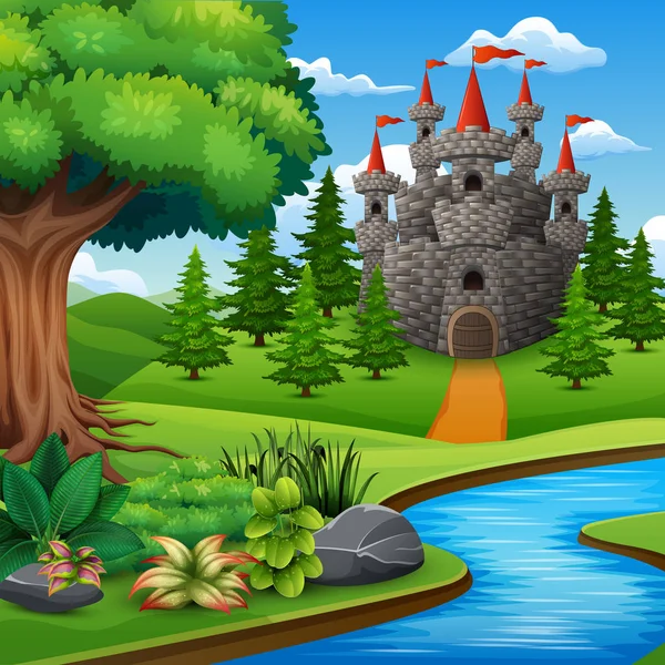 Desenhos Animados Ilustração Castelo Colina Paisagem — Vetor de Stock