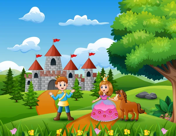 美丽的公主和王子在通往城堡的道路上的童话 — 图库矢量图片