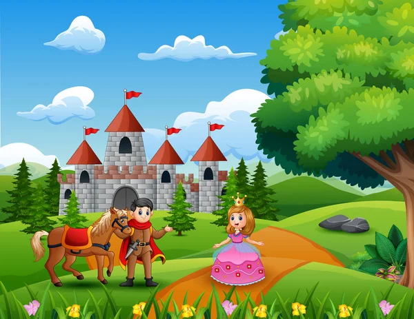 动画片公主和王子在城堡页 — 图库矢量图片