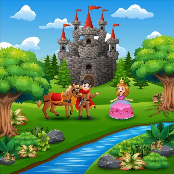 公主和王子夫妇的动画片在城堡页 — 图库矢量图片