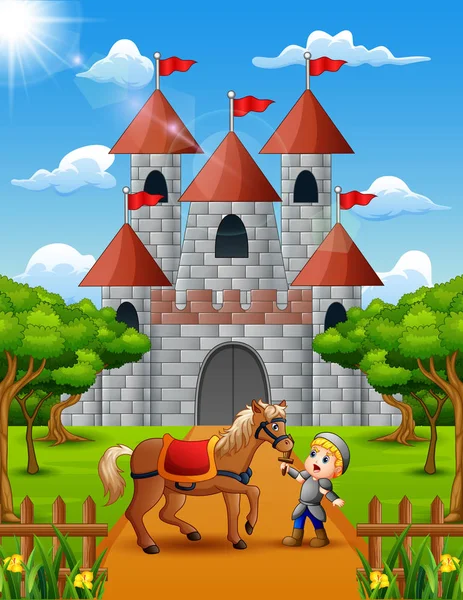 Маленький Рыцарь Лошадь Перед Замком — стоковый вектор