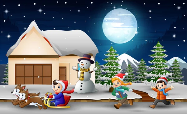 Cartoon Boy Riding Sled Front Snowing House — Stock Vector