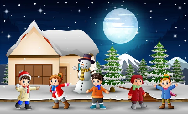 卡通的孩子们在下雪的房子前唱歌 — 图库矢量图片