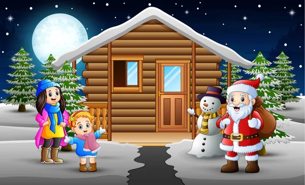 Happy Kids Santa Clouse Front Snowing House — Stock Vector